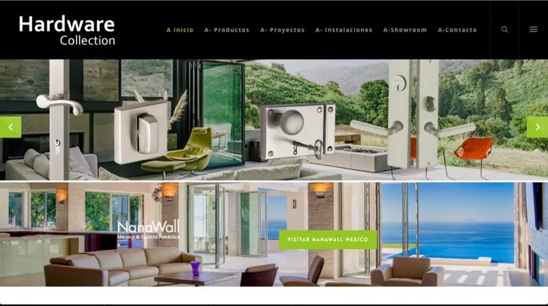 Hardware Collection website: architectural door hardware and NanaWall Mexico showcase with luxury interiors