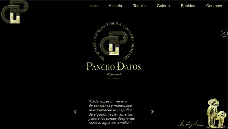 Pancho Datos tequila reposado brand website with gold monogram and poetic storytelling