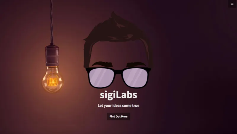 The original sigiLabs studio website with the glasses mascot, a filament lightbulb and the tagline Let your ideas come true