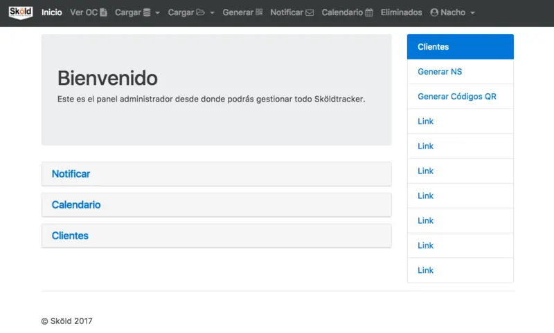 Sköld Tracker operations admin dashboard with purchase orders, QR code generation and notifications