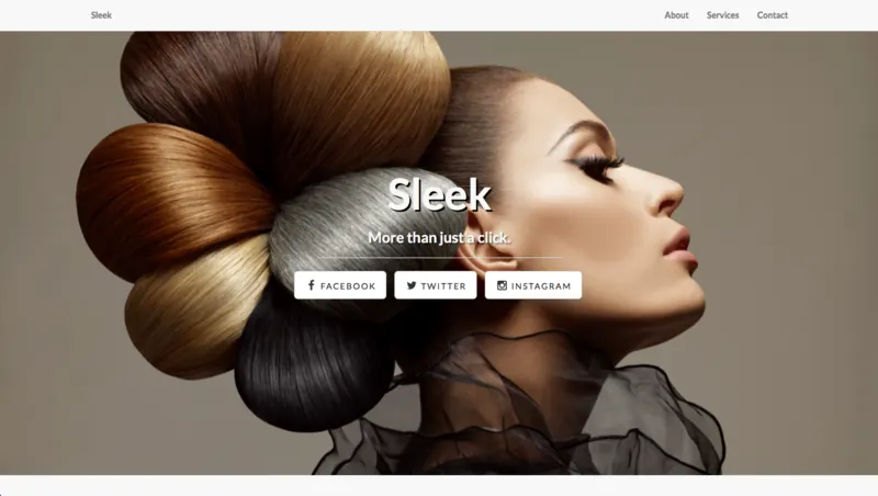 Sleek beauty salon landing page with sculptural hair editorial photography